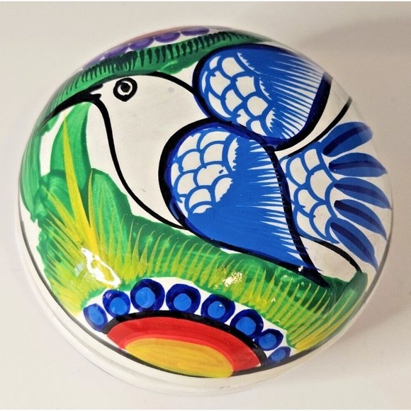 Vibrant Talavera Bird & Flower Pottery Lidded Trinket Dish - Picture 1 of 5